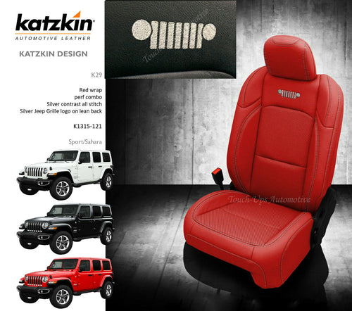 18-2022 Jeep Wrangler Sahara JL KATZKIN Leather Seat Covers Red Silver Logos 4dr