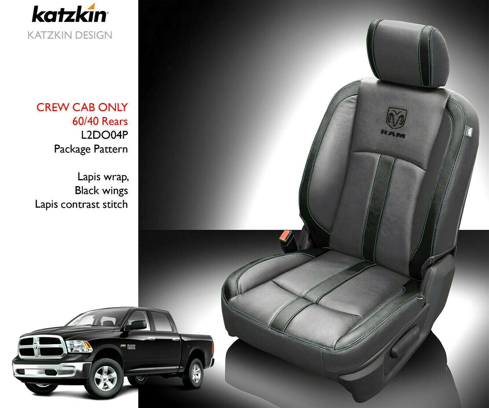 13-18 Dodge Ram Crew or Quad Cab Diesel Gray with Black Katzkin Leather Seat Covers Logos