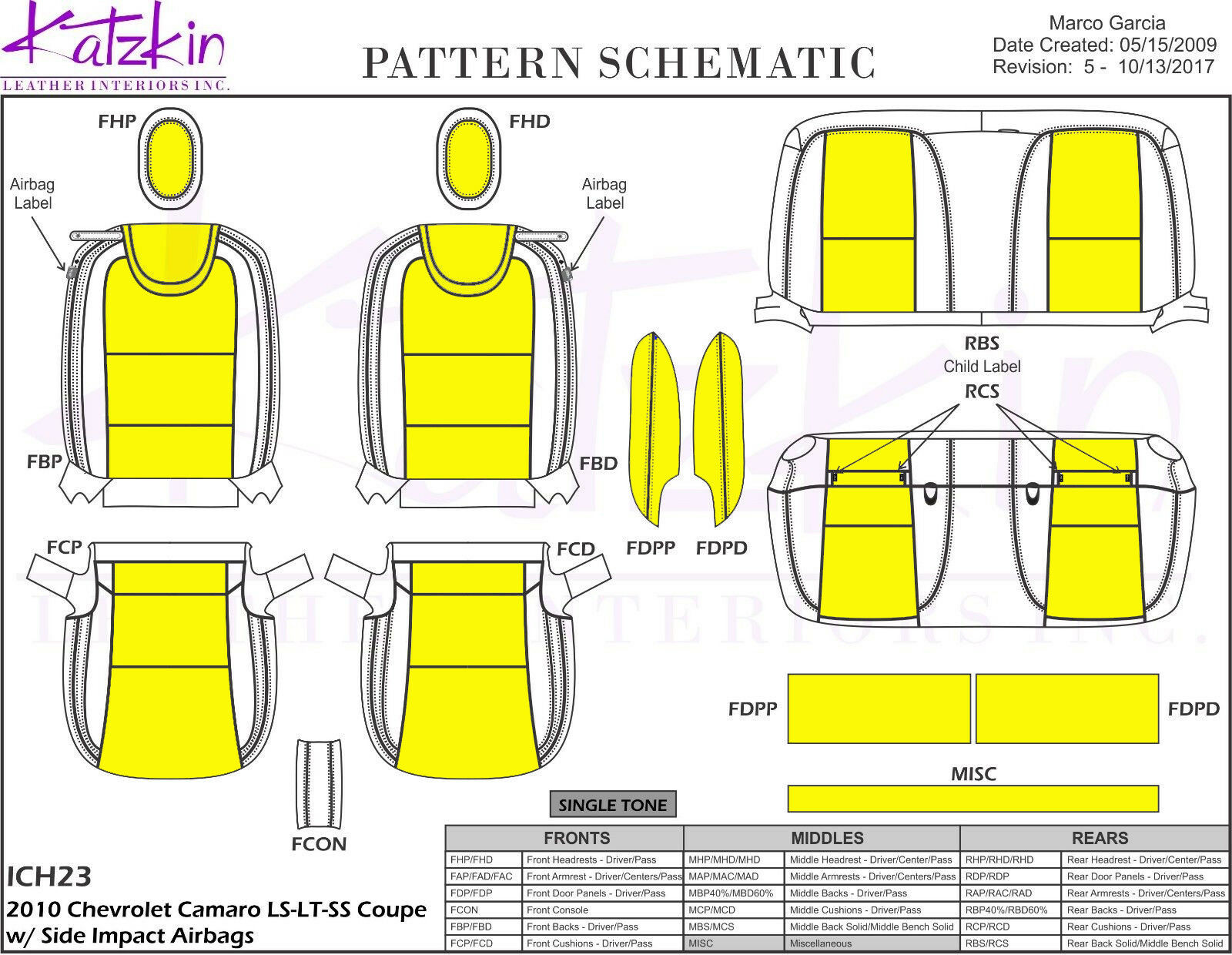 2010-2015 Camaro LS RS SS Custom KATZKIN Leather Seat Covers Black Yellow Center